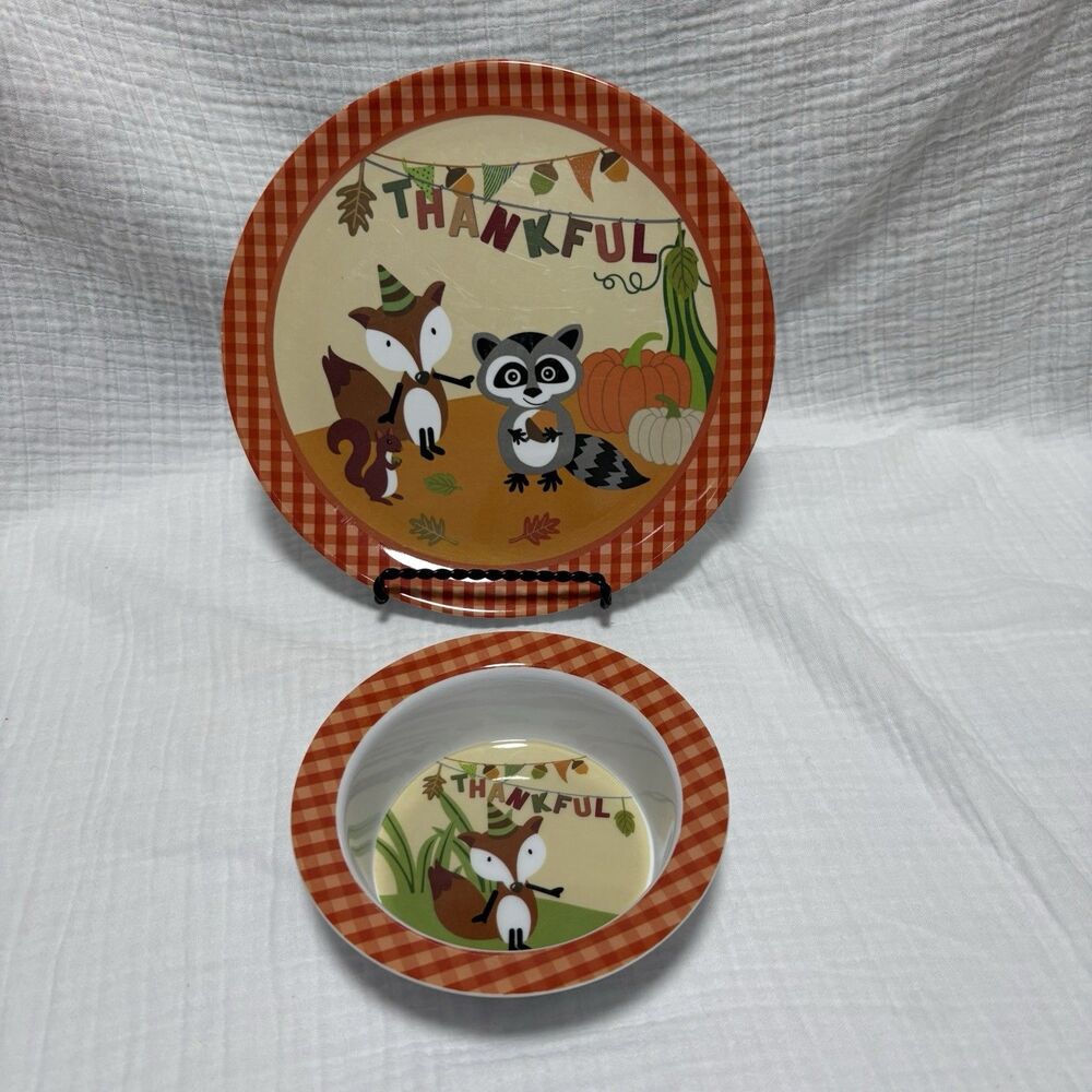 Melamine Kids 8” Plate Thanksgiving Fall Fox Raccoon Woodland And 1 Bowl 5” EUC